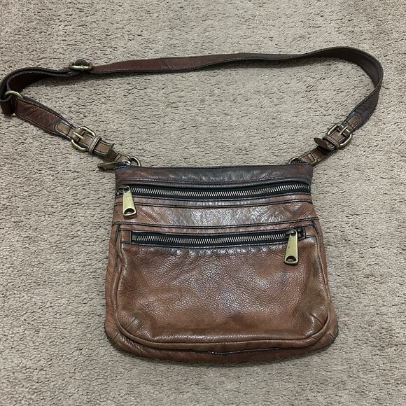 Fossil Explorer Dk Brown Leather Crossbody Messenger Tri-Zip Travel Handbag - Picture 1 of 6